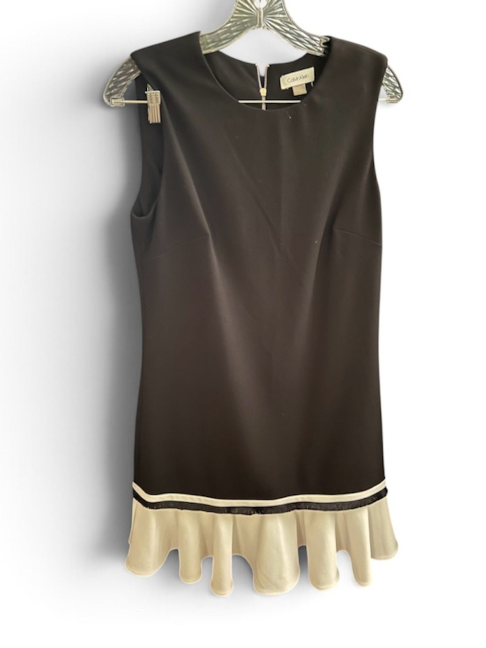 Calvin Klein Sleeveless Black and Cream Ruffle-Hem Dress